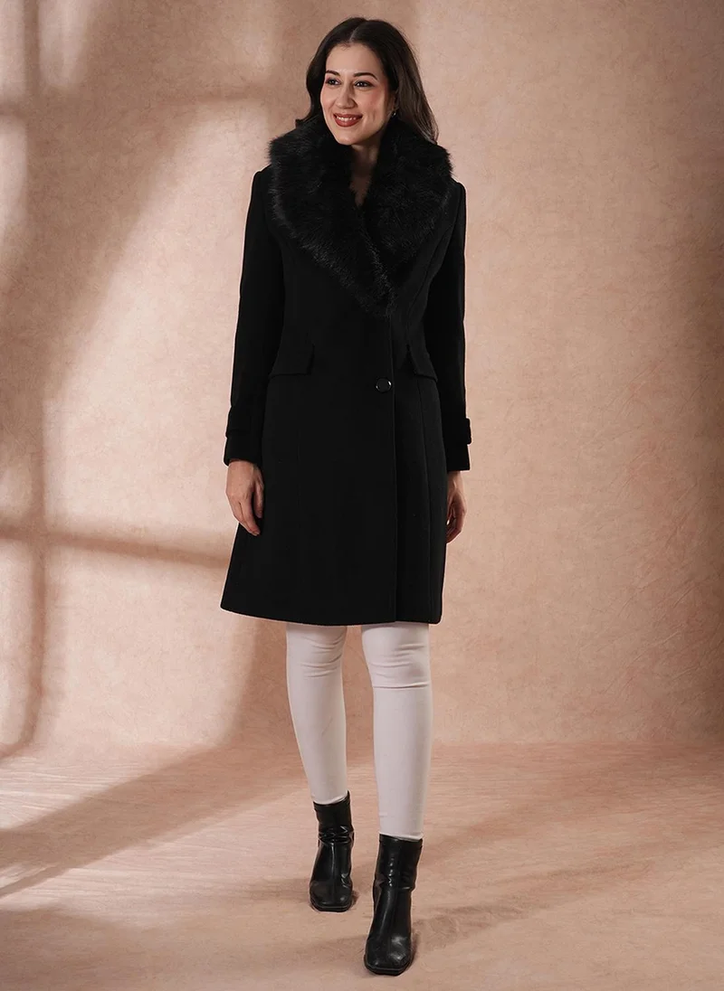 جلو باص Globus Women Single-Breasted Faux Fur Lapel Checked Tailored Fit Winter Wear Overcoat